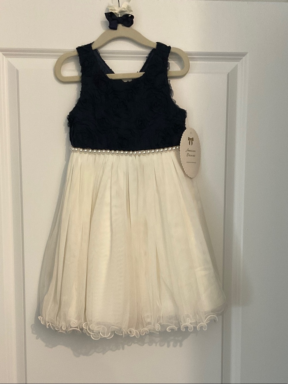 American Princess Navy and Cream Pearl Waist Formal Dress